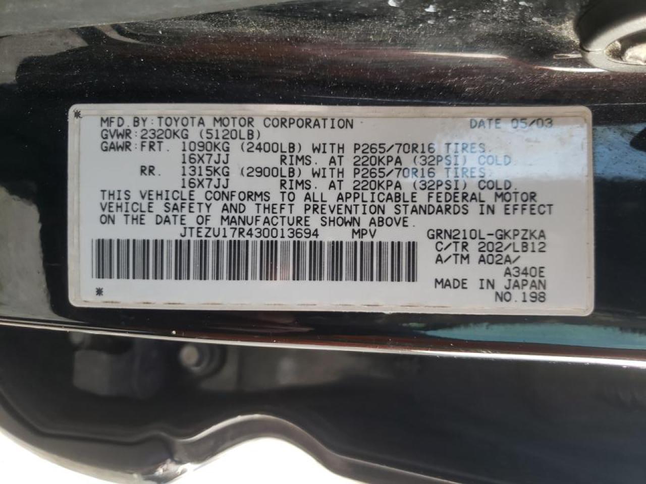 Photo 10 from auction – 2003 TOYOTA 4RUNNER with VIN JTEZU17R430013694