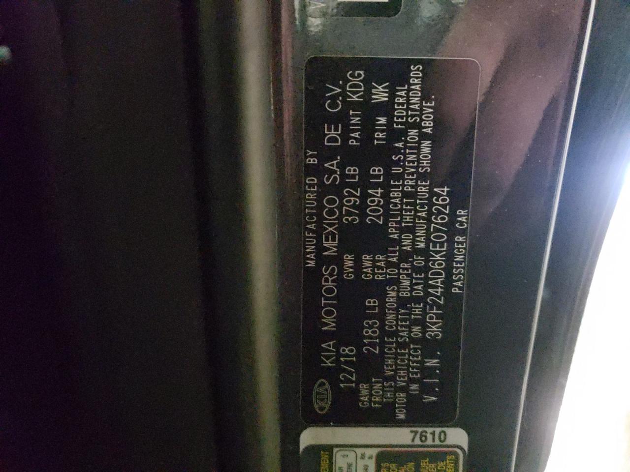 Photo 10 from auction – 2019 KIA FORTE FE with VIN 3KPF24AD6KE076264