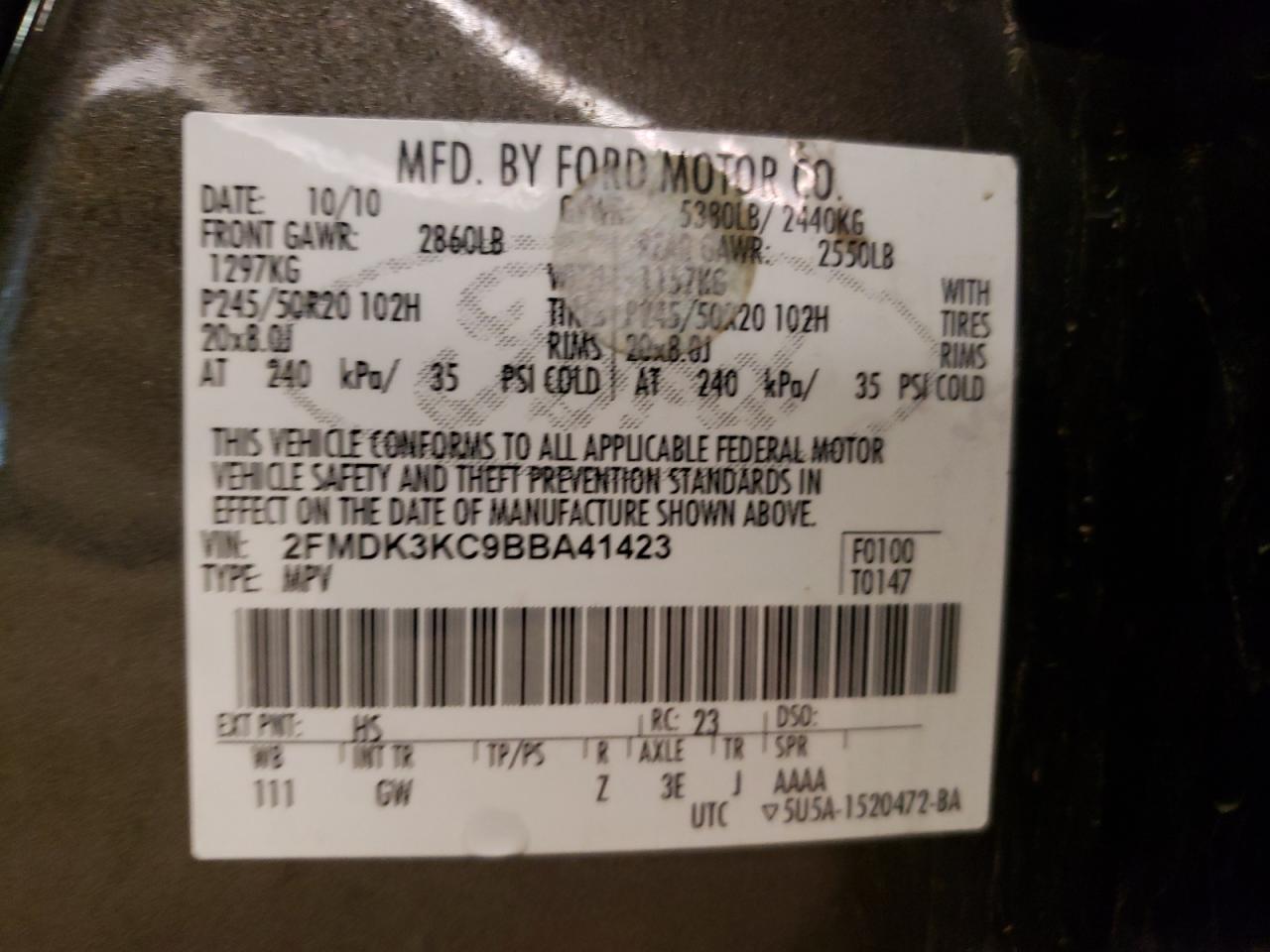Photo 10 from auction – 2011 FORD EDGE LIMIT with VIN 2FMDK3KC9BBA41423