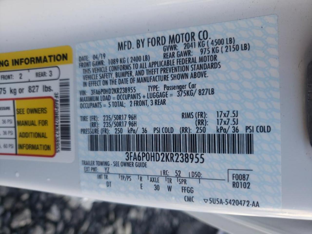 Photo 10 from auction – 2019 FORD FUSION SE with VIN 3FA6P0HD2KR238955