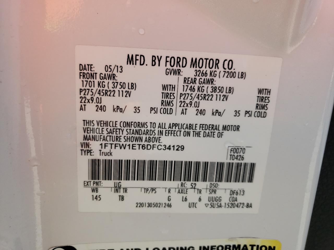 Photo 10 from auction – 2013 FORD F150 SUPER with VIN 1FTFW1ET6DFC34129