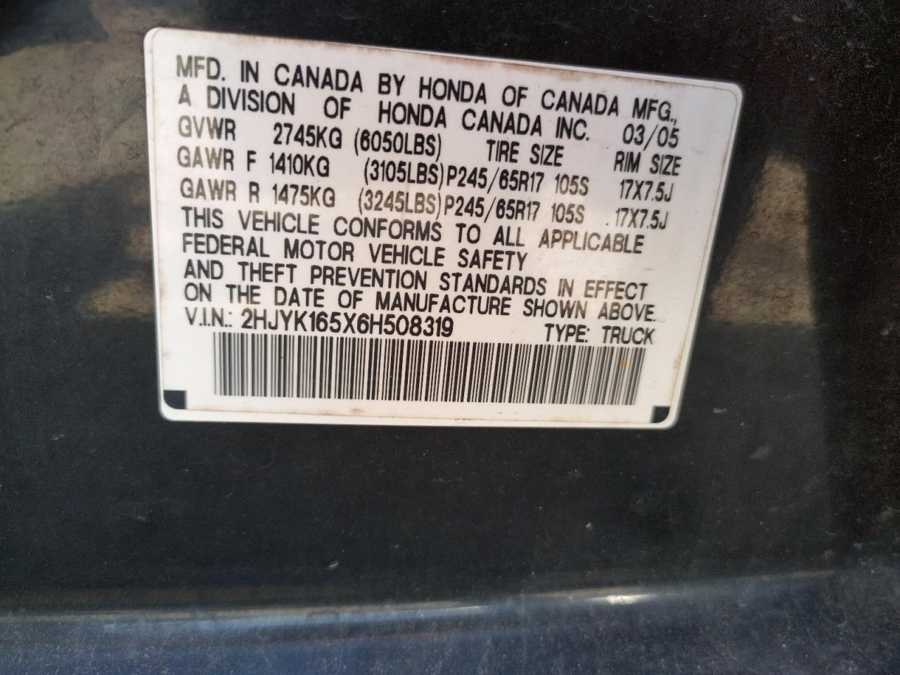 Photo 10 from auction – 2006 HONDA RIDGELINE with VIN 2HJYK165X6H508319