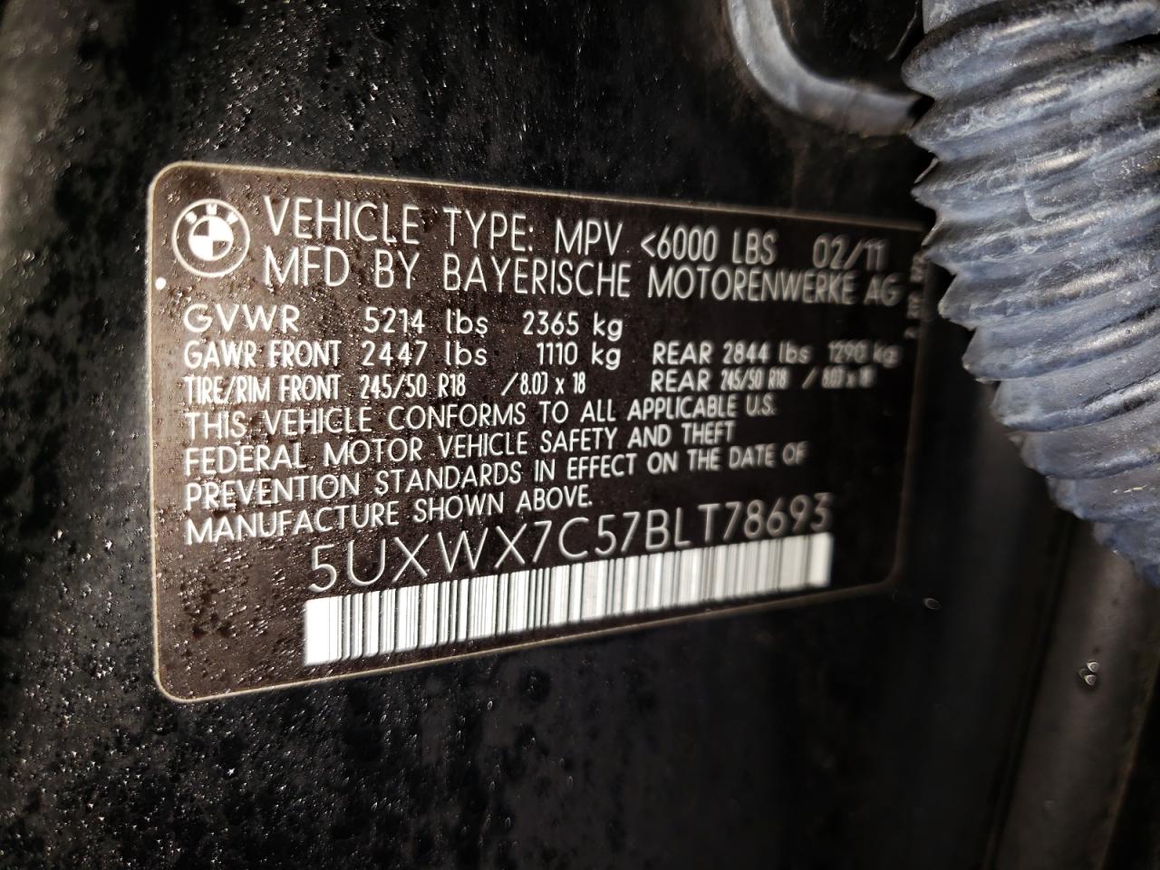 Photo 10 from auction – 2011 BMW X3 XDRIVE3 with VIN 5UXWX7C57BLT78693