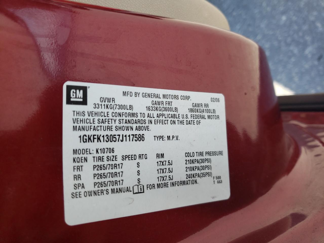 Photo 10 from auction – 2007 GMC YUKON with VIN 1GKFK13057J117586