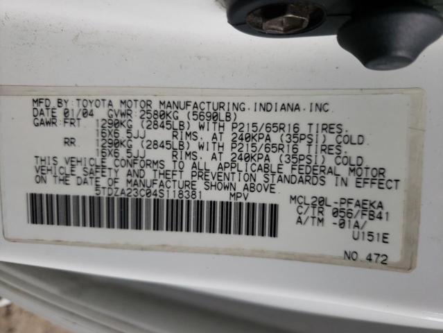 Photo 10 from auction – 2004 TOYOTA SIENNA CE with VIN 5TDZA23C04S118381