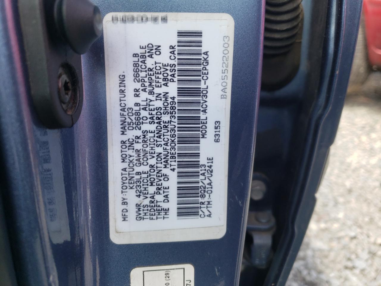Photo 10 from auction – 2003 TOYOTA CAMRY LE with VIN 4T1BE30K63U735894