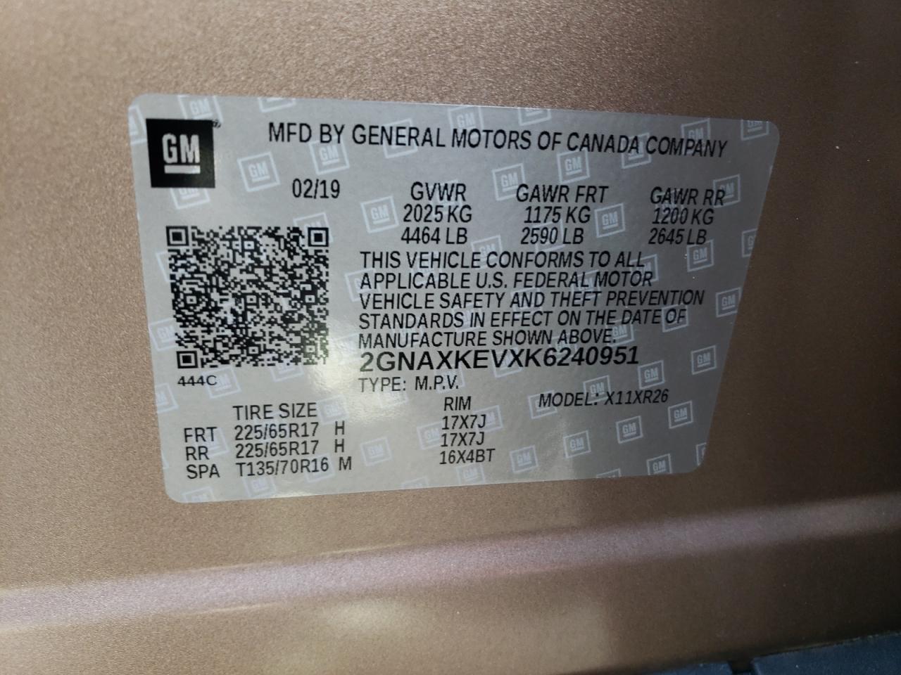 Photo 10 from auction – 2019 CHEVROLET EQUINOX LT with VIN 2GNAXKEVXK6240951