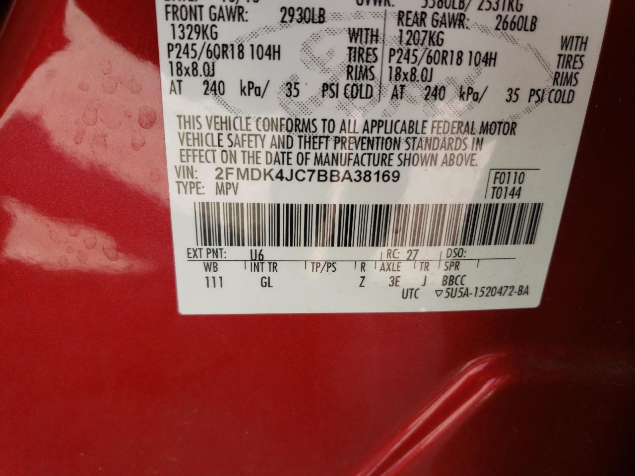 Photo 10 from auction – 2011 FORD EDGE SEL with VIN 2FMDK4JC7BBA38169