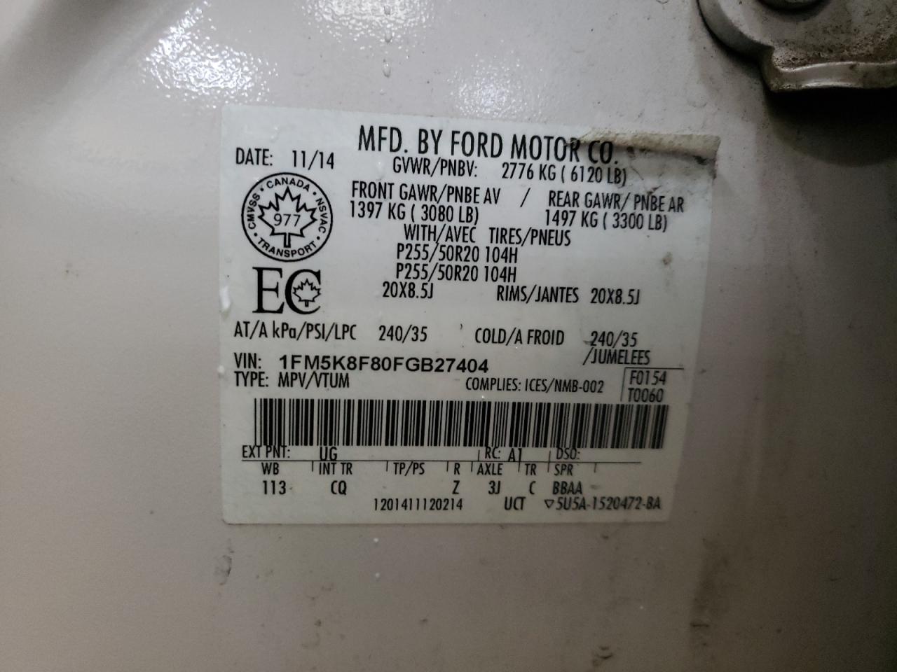 Photo 10 from auction – 2015 FORD EXPLORER L with VIN 1FM5K8F80FGB27404
