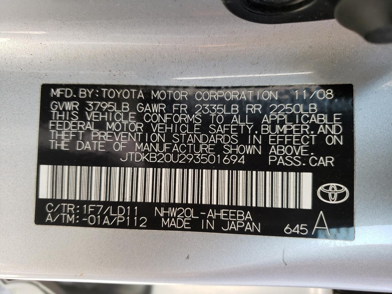 Photo 10 from auction – 2009 TOYOTA PRIUS with VIN JTDKB20U293501694