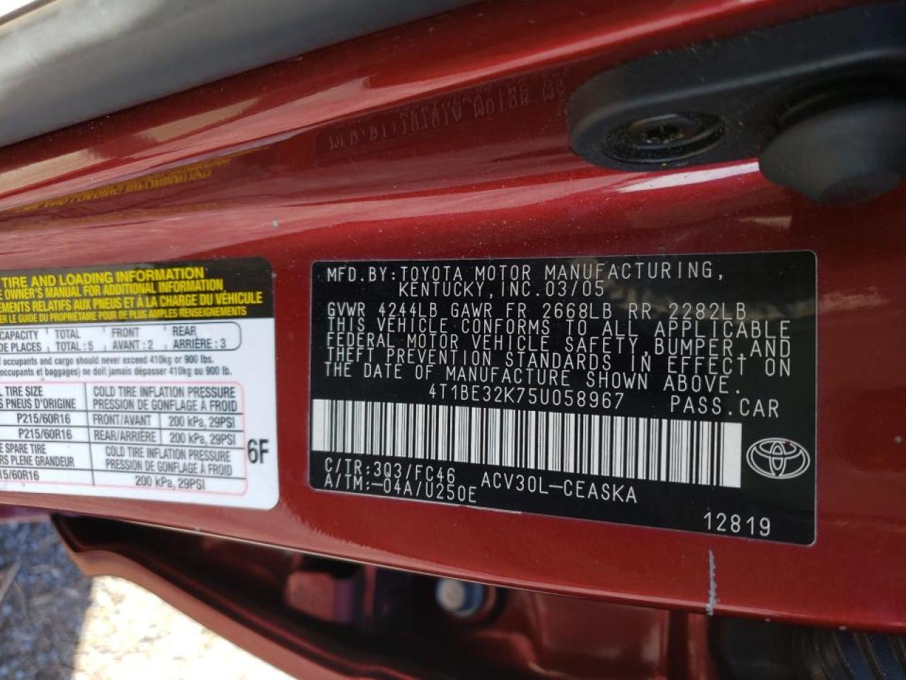 Photo 10 from auction – 2005 TOYOTA CAMRY LE with VIN 4T1BE32K75U058967
