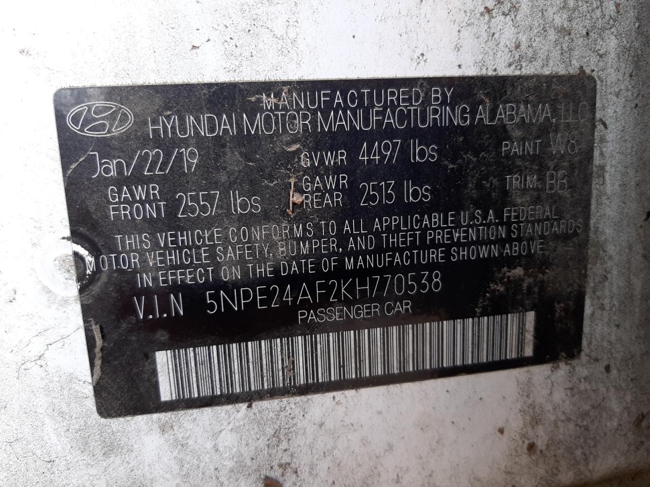 Photo 10 from auction – 2019 HYUNDAI SONATA SE with VIN 5NPE24AF2KH770538