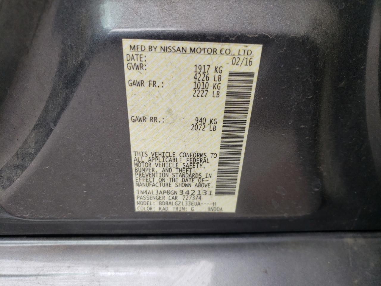 Photo 10 from auction – 2016 NISSAN ALTIMA 2.5 with VIN 1N4AL3AP8GN342131