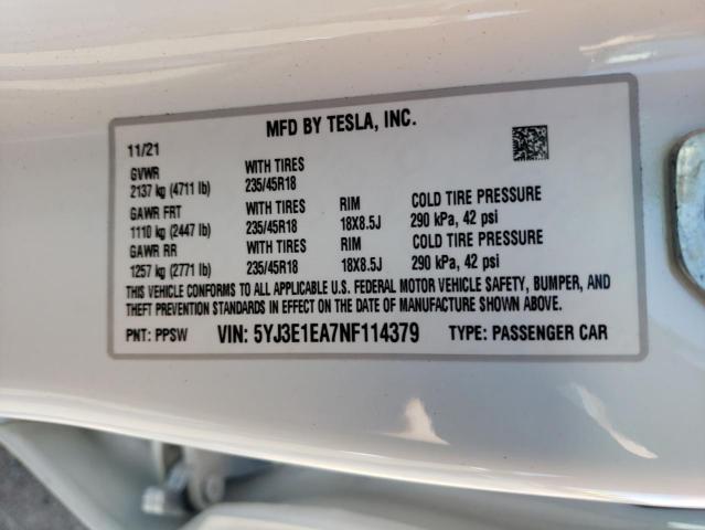 Photo 10 from auction – 2022 TESLA MODEL 3 with VIN 5YJ3E1EA7NF114379