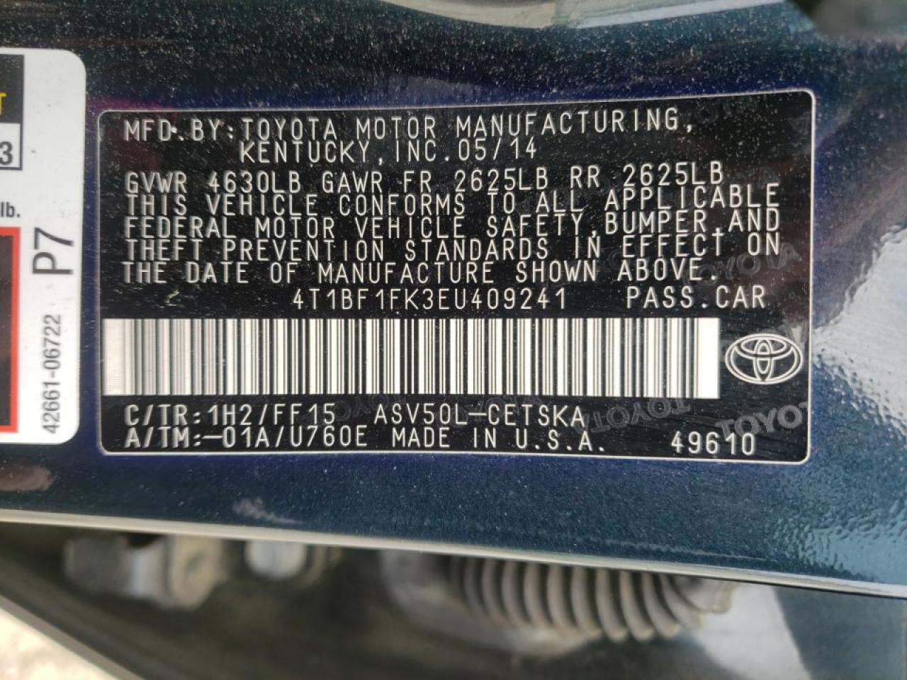 Photo 10 from auction – 2014 TOYOTA CAMRY L with VIN 4T1BF1FK3EU409241
