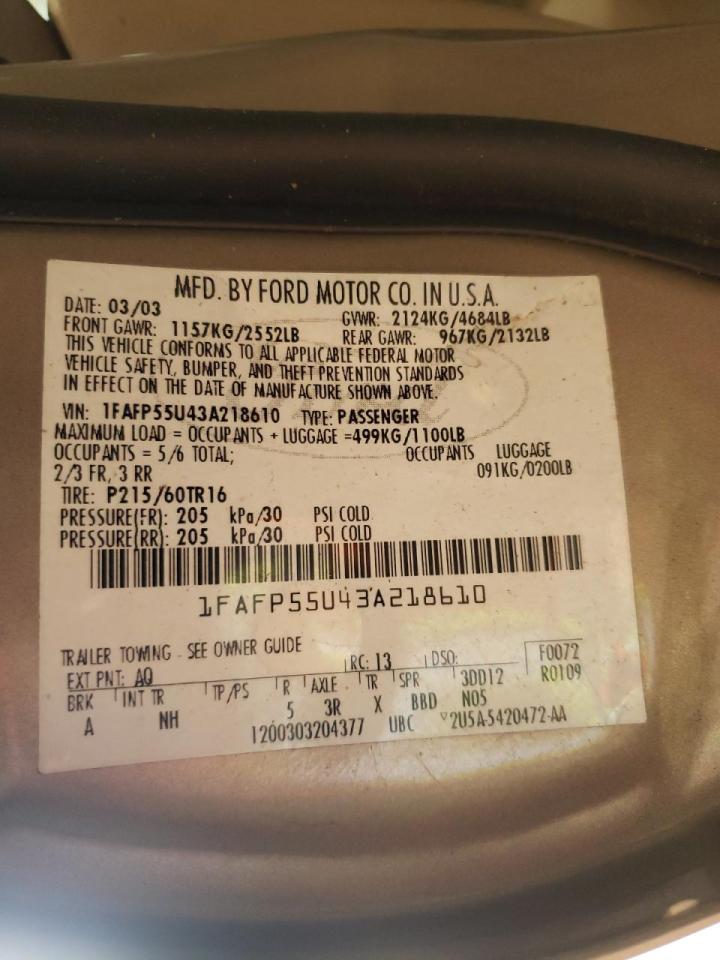 Photo 10 from auction – 2003 FORD TAURUS SES with VIN 1FAFP55U43A218610