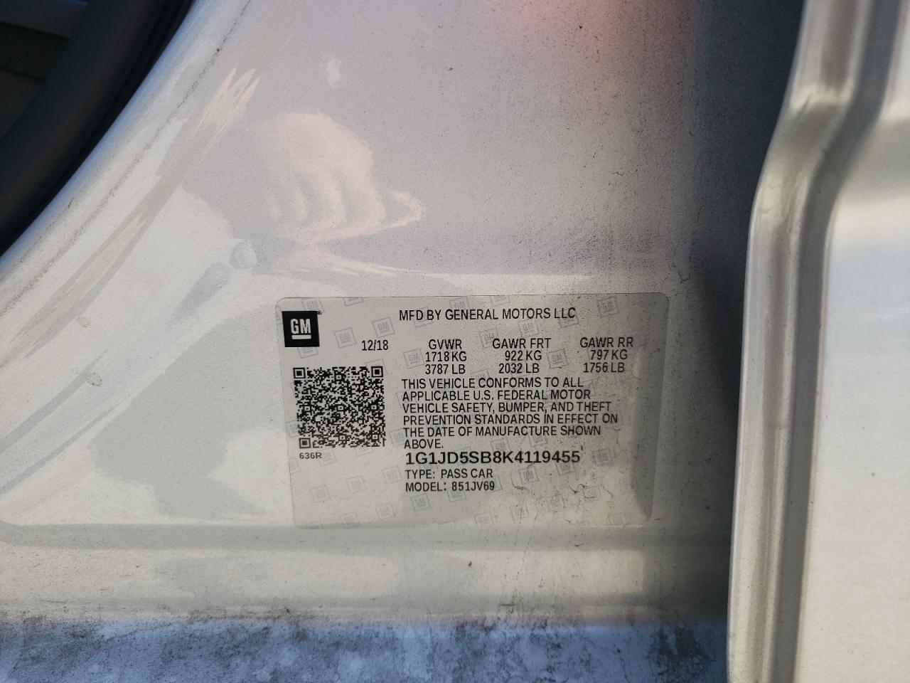 Photo 10 from auction – 2019 CHEVROLET SONIC LT with VIN 1G1JD5SB8K4119455