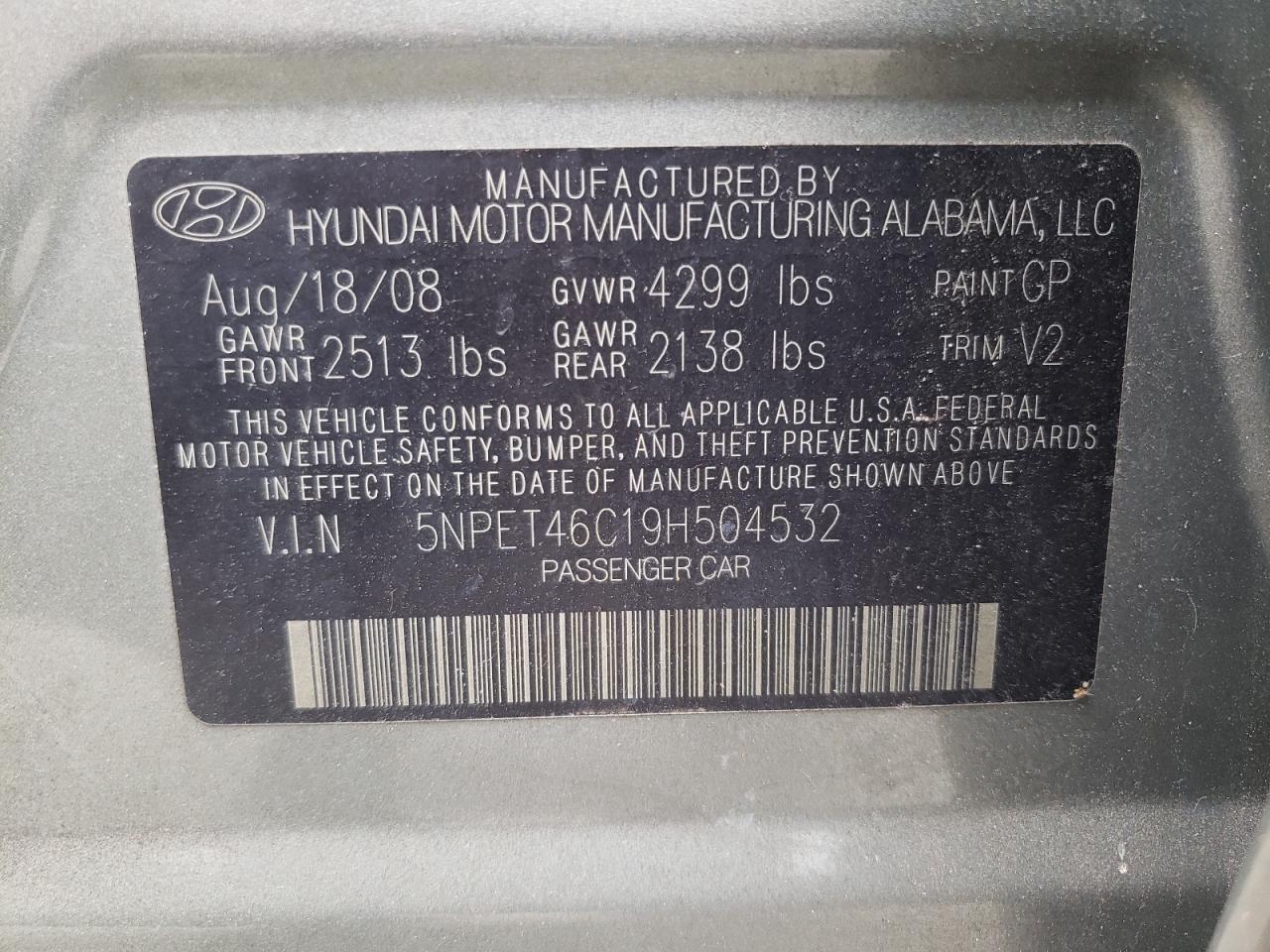 Photo 10 from auction – 2009 HYUNDAI SONATA GLS with VIN 5NPET46C19H504532
