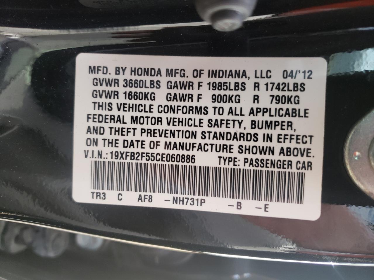 Photo 10 from auction – 2012 HONDA CIVIC LX with VIN 19XFB2F55CE060886