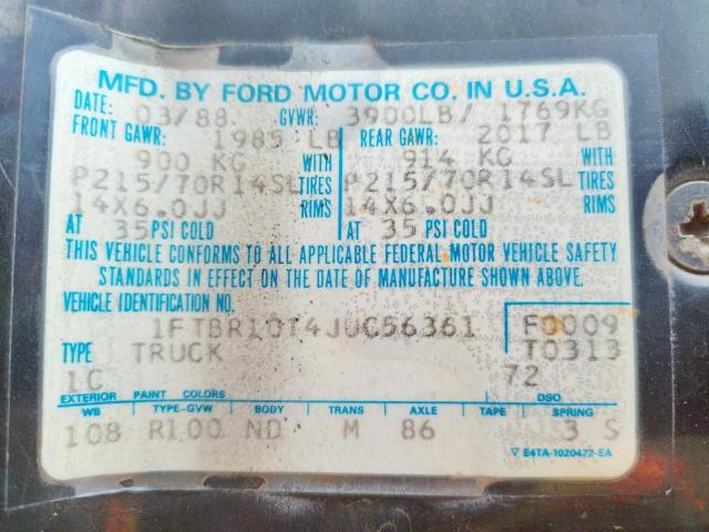 Photo 10 from auction – 1988 FORD RANGER with VIN 1FTBR10T4JUC56361