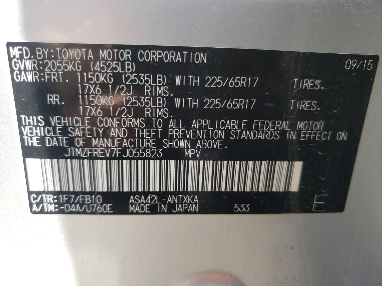 Photo 10 from auction – 2015 TOYOTA RAV4 LE with VIN JTMZFREV7FJ055823