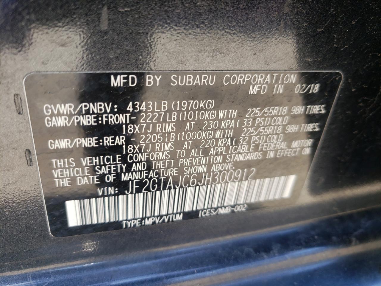 Photo 10 from auction – 2018 SUBARU CROSSTREK with VIN JF2GTAJC6JH300912