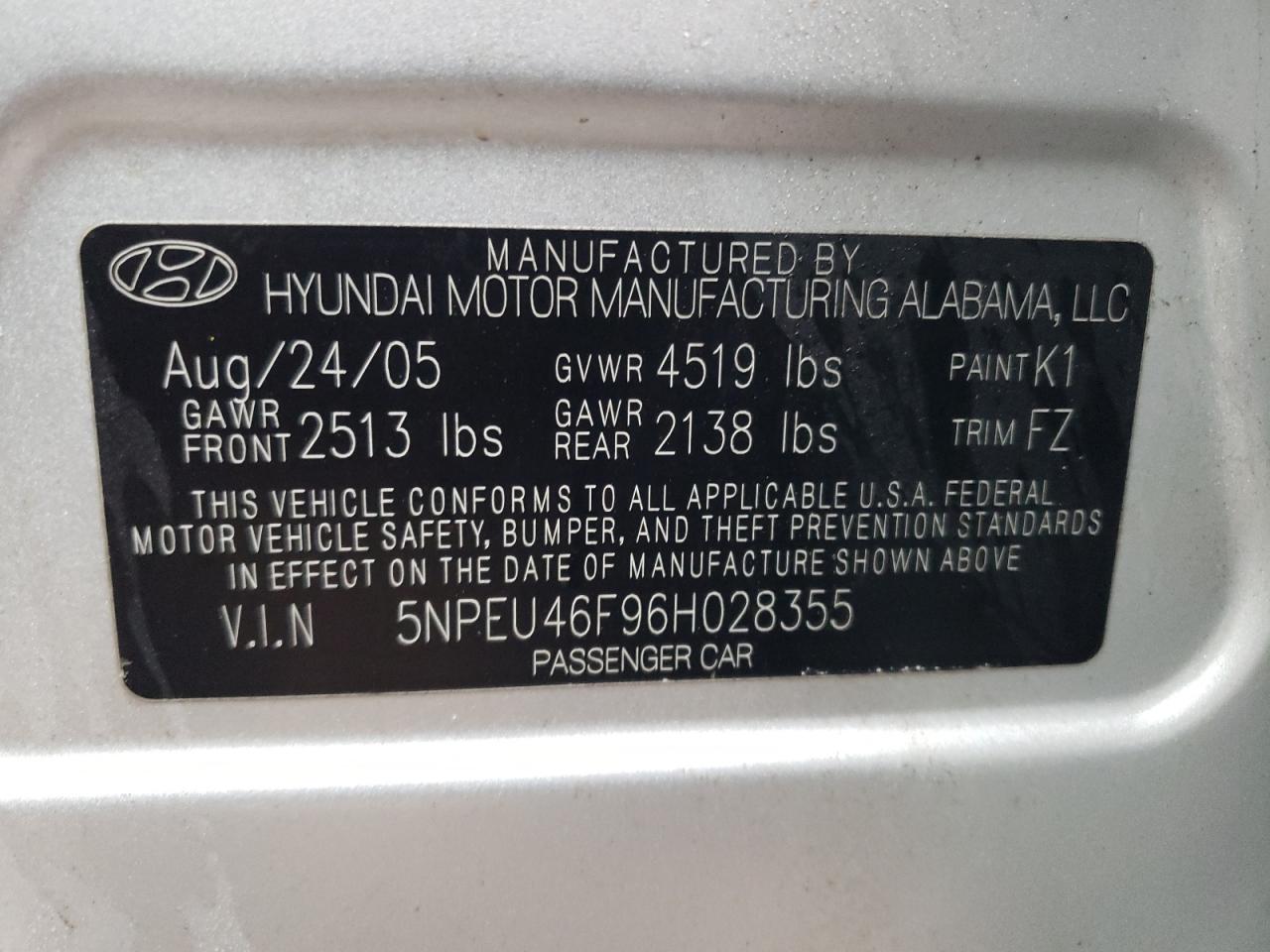 Photo 10 from auction – 2006 HYUNDAI SONATA GLS with VIN 5NPEU46F96H028355