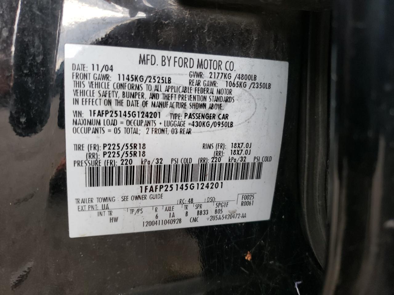 Photo 10 from auction – 2005 FORD FIVE HUNDR with VIN 1FAFP25145G124201