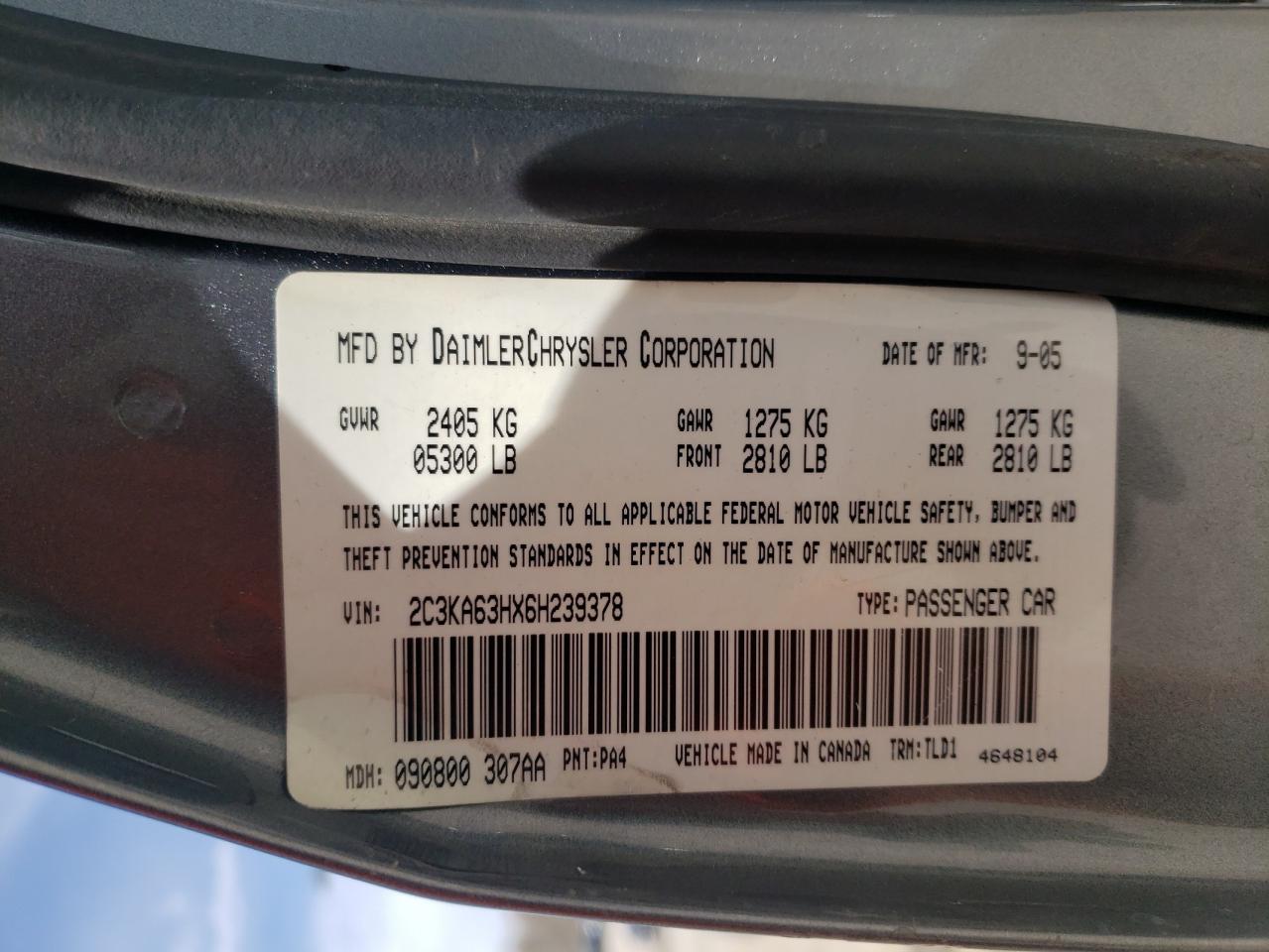 Photo 10 from auction – 2006 CHRYSLER 300C with VIN 2C3KA63HX6H239378