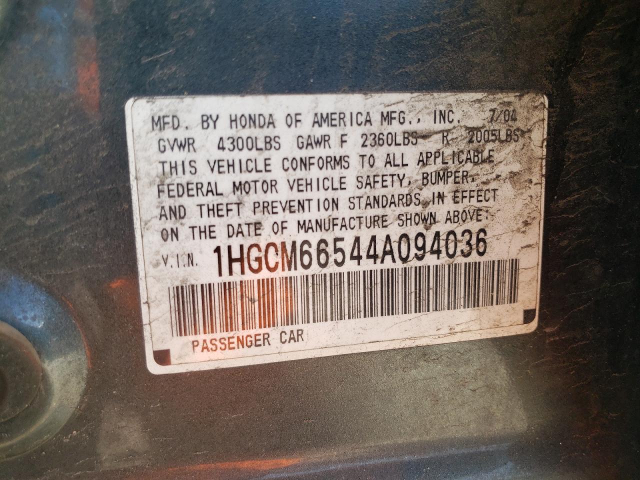 Photo 10 from auction – 2004 HONDA ACCORD EX with VIN 1HGCM66544A094036
