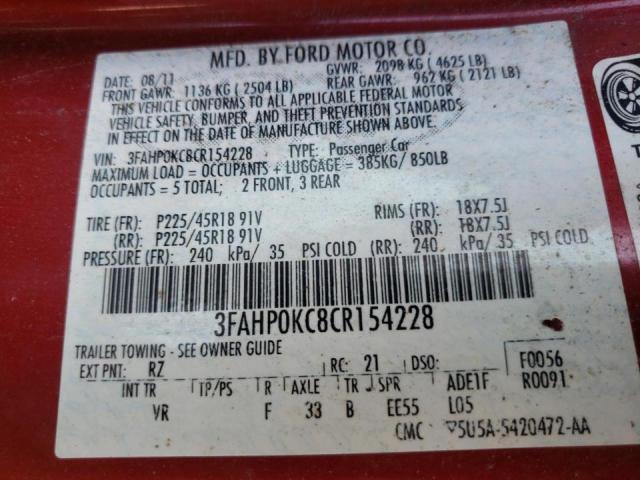 Photo 10 from auction – 2012 FORD FUSION SPO with VIN 3FAHP0KC8CR154228