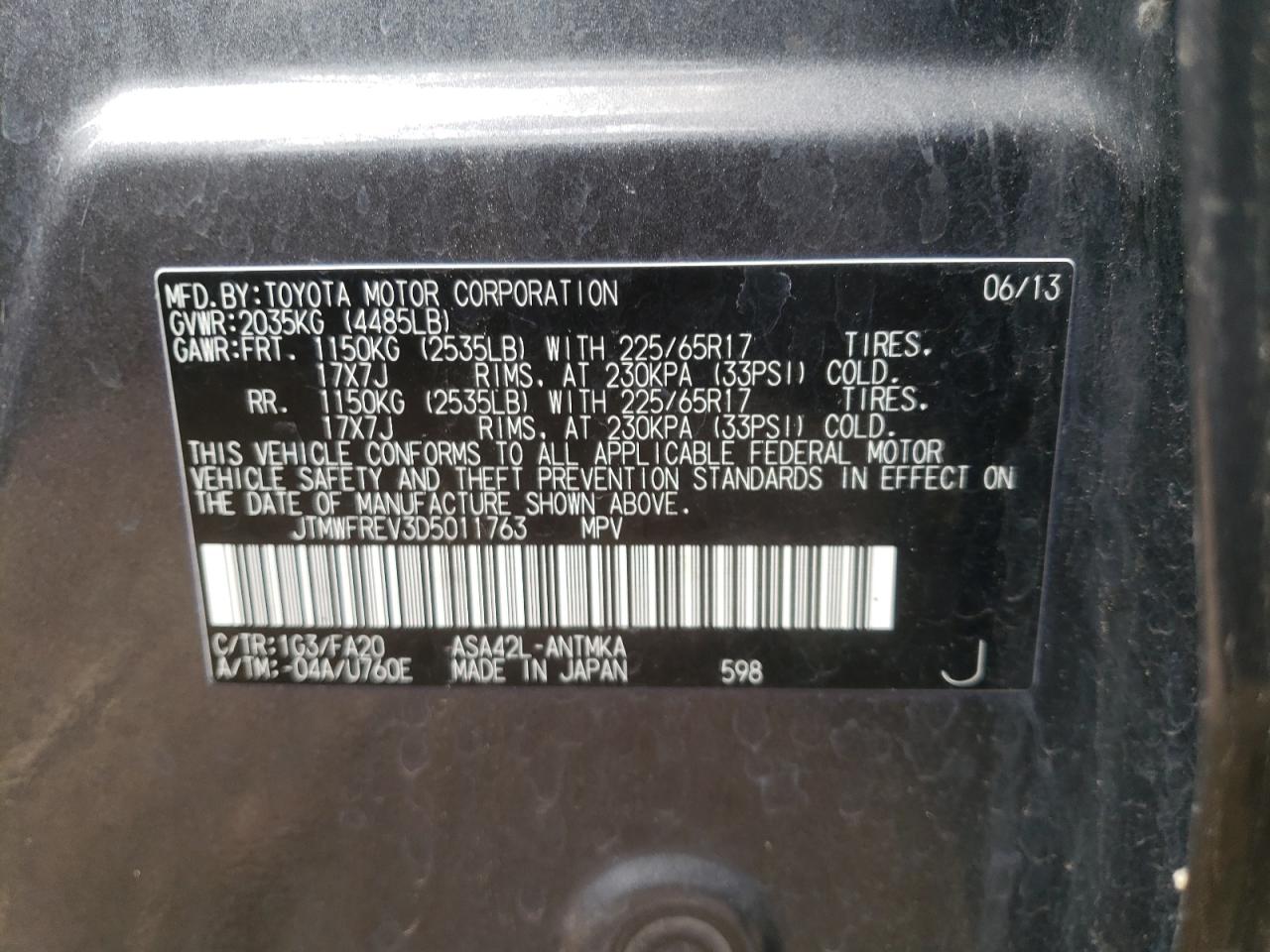 Photo 10 from auction – 2013 TOYOTA RAV4 XLE with VIN JTMWFREV3D5011763