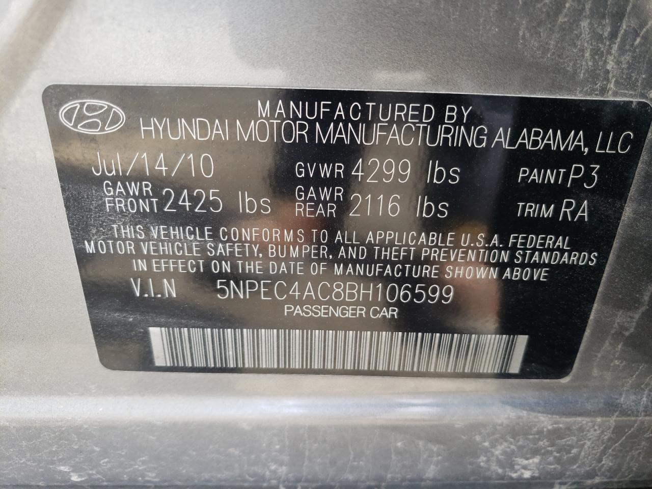 Photo 10 from auction – 2011 HYUNDAI SONATA SE with VIN 5NPEC4AC8BH106599