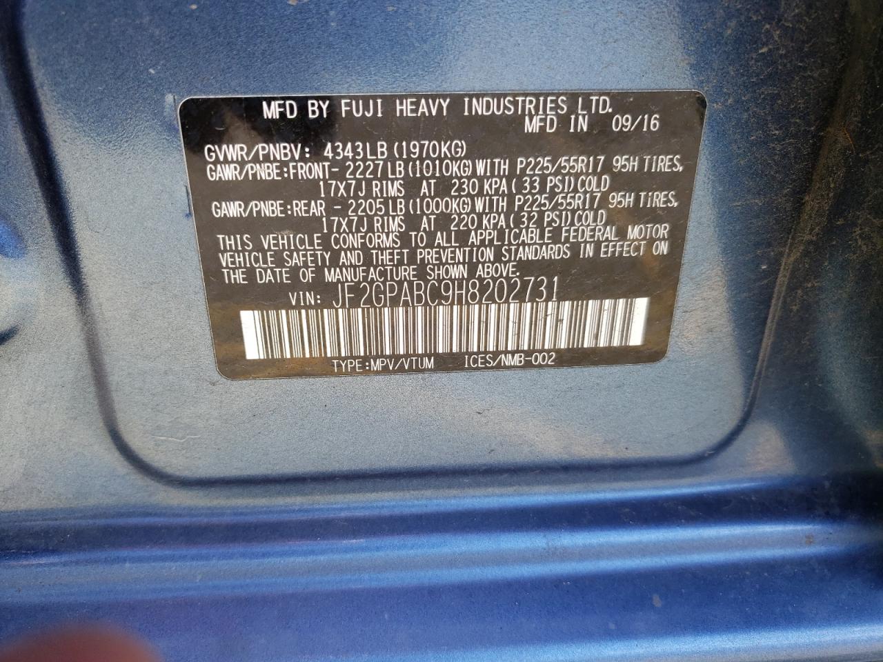 Photo 10 from auction – 2017 SUBARU CROSSTREK with VIN JF2GPABC9H8202731