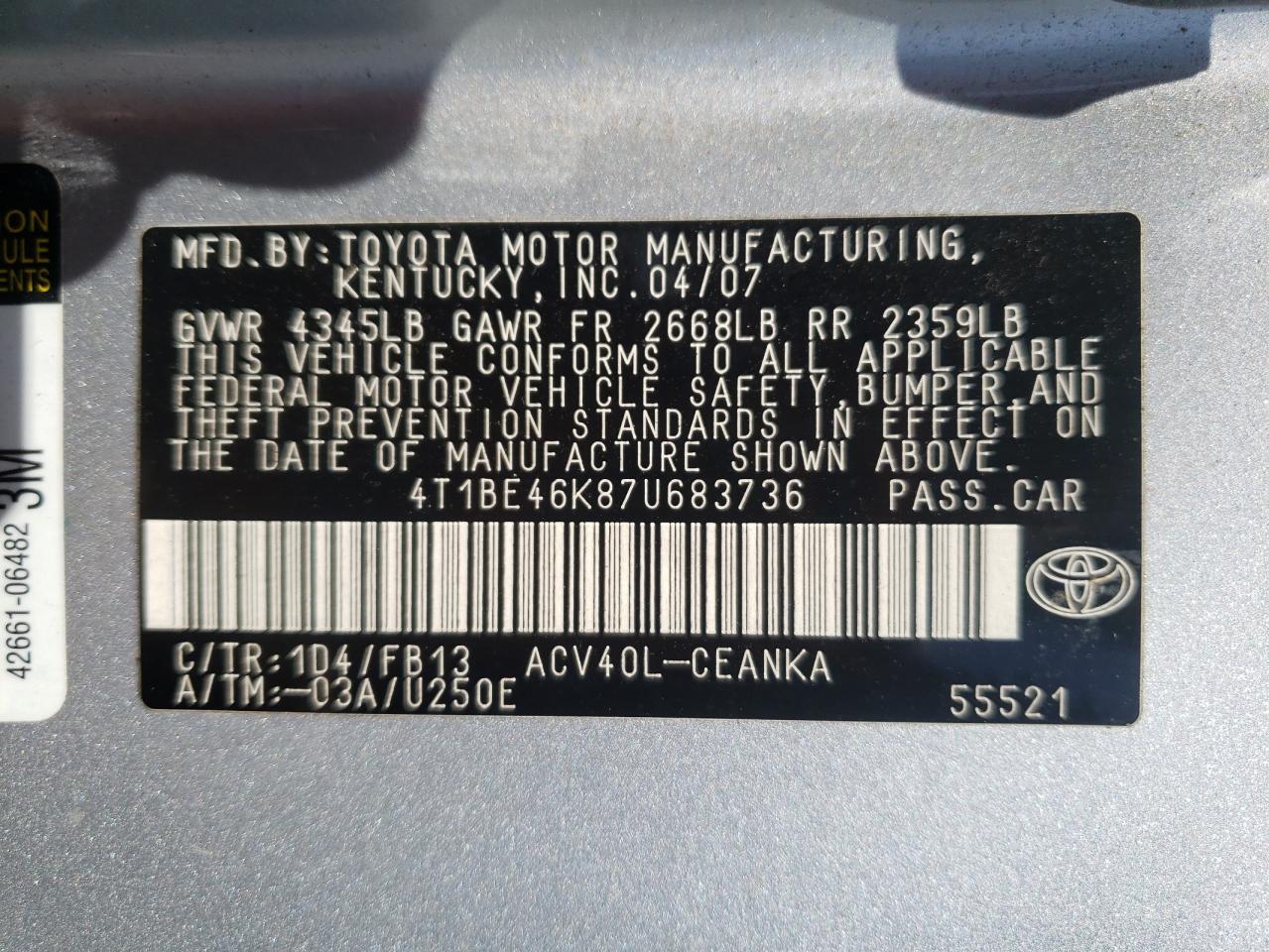 Photo 10 from auction – 2007 TOYOTA CAMRY CE with VIN 4T1BE46K87U683736