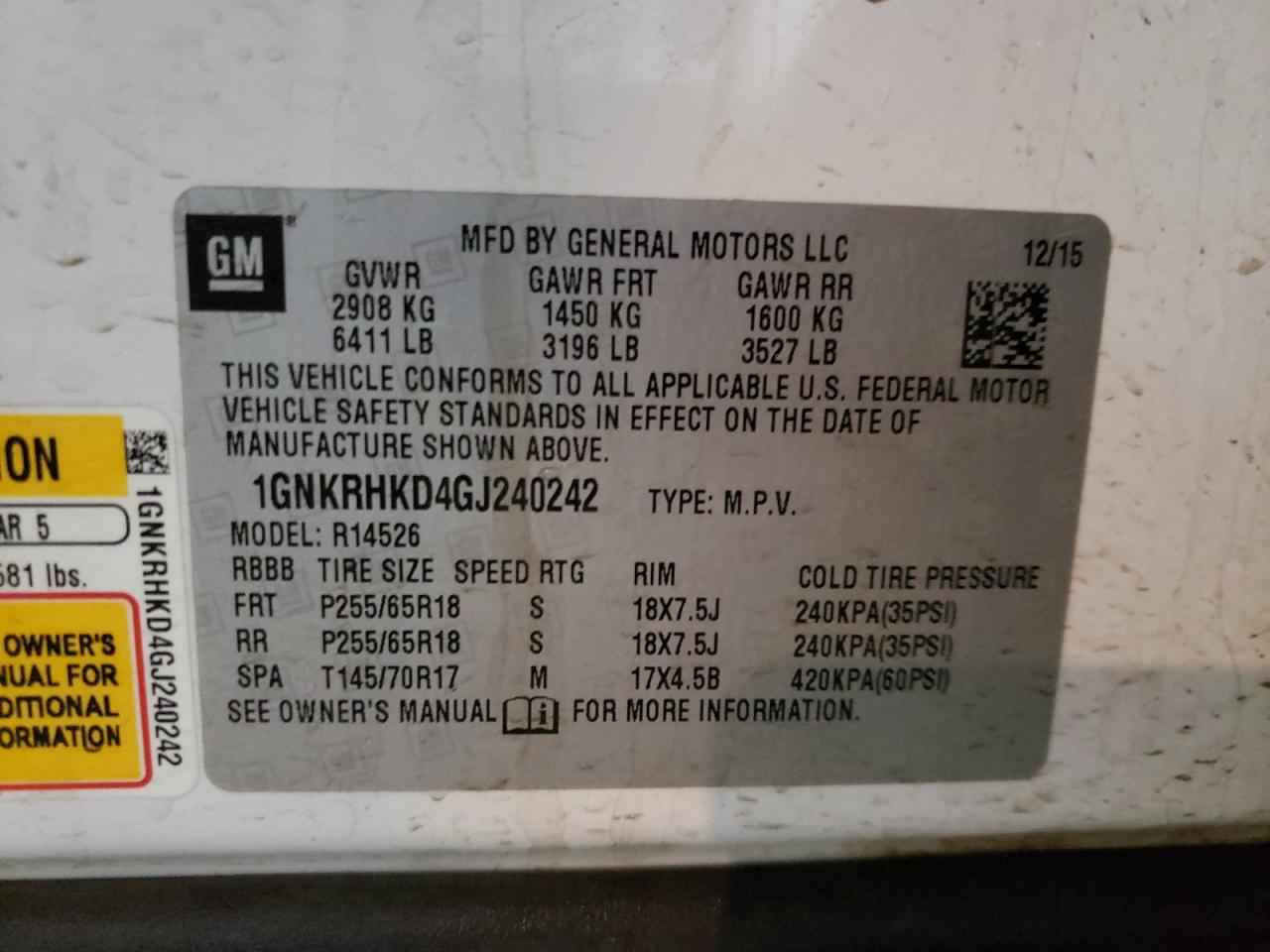 Photo 10 from auction – 2016 CHEVROLET TRAVERSE L with VIN 1GNKRHKD4GJ240242