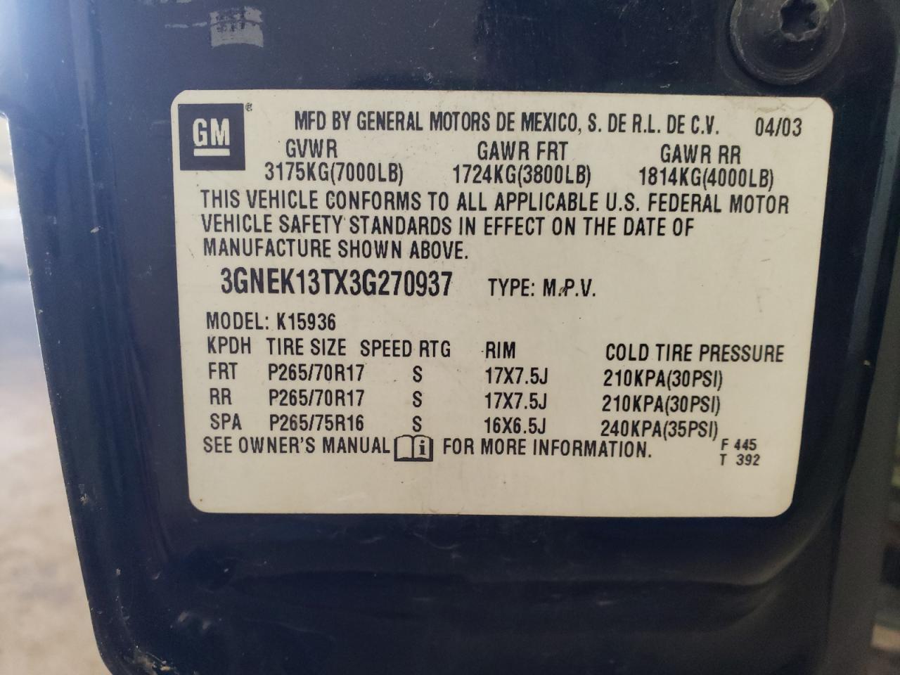 Photo 10 from auction – 2003 CHEVROLET AVALANCHE with VIN 3GNEK13TX3G270937