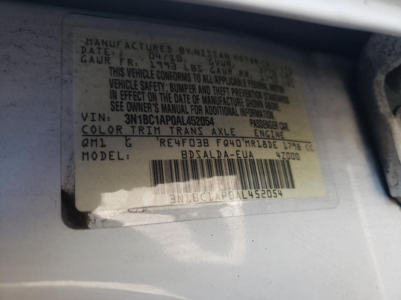 Photo 10 from auction – 2010 NISSAN VERSA S with VIN 3N1BC1AP0AL452054