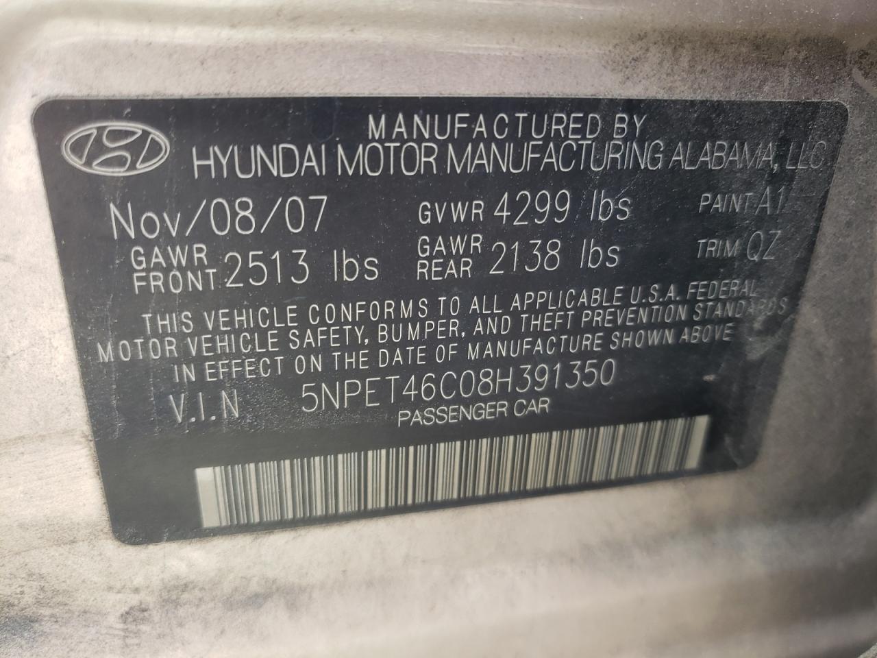 Photo 10 from auction – 2008 HYUNDAI SONATA GLS with VIN 5NPET46C08H391350