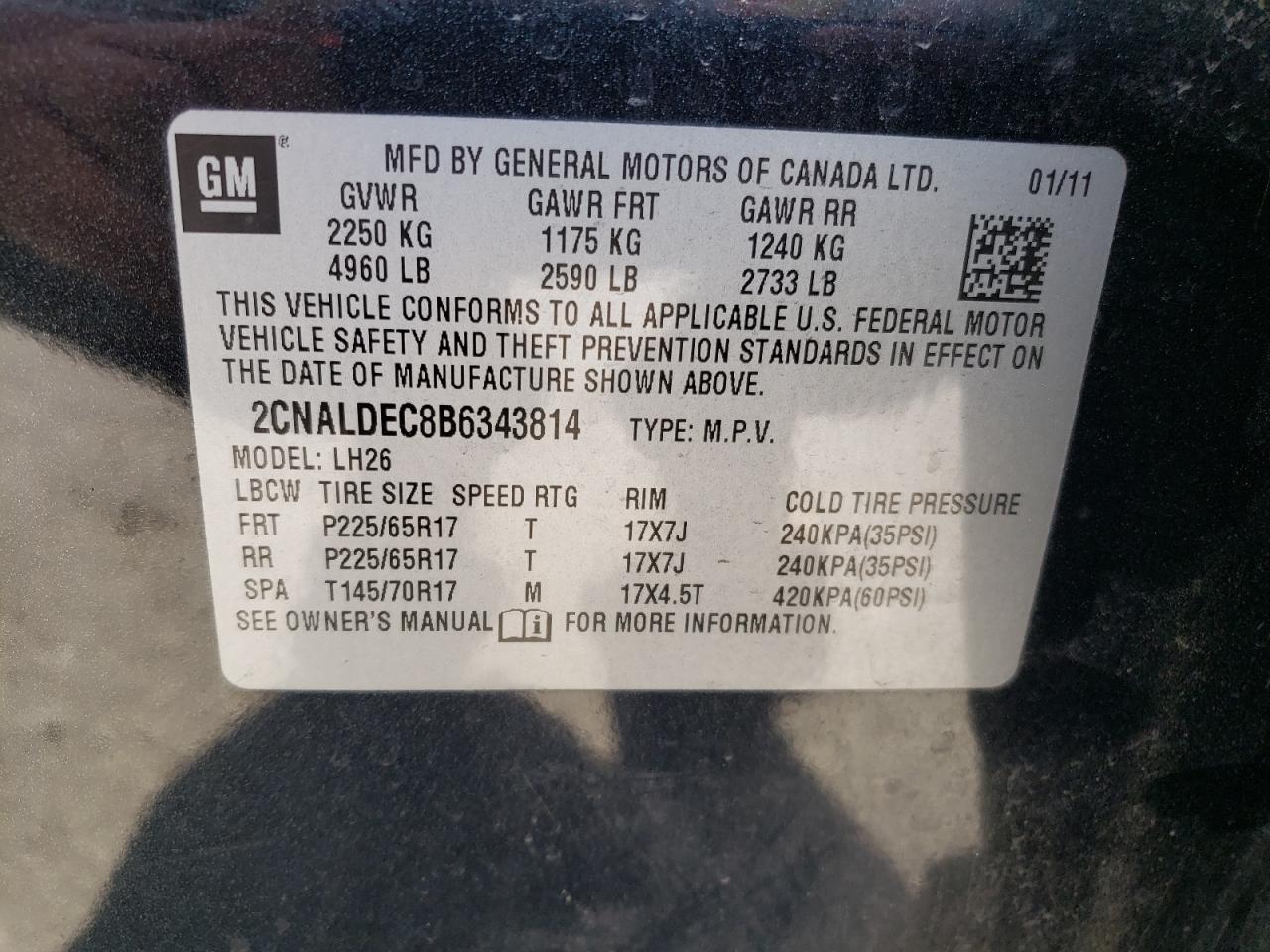 Photo 10 from auction – 2011 CHEVROLET EQUINOX LT with VIN 2CNALDEC8B6343814
