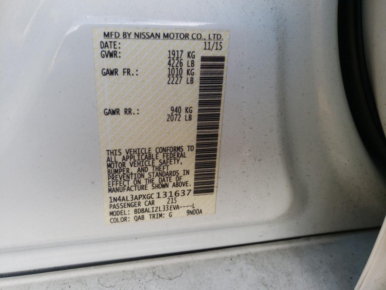 Photo 10 from auction – 2016 NISSAN ALTIMA 2.5 with VIN 1N4AL3APXGC131637