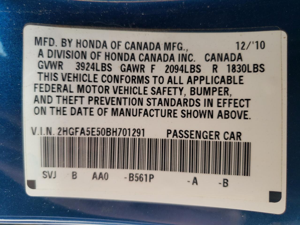 Photo 10 from auction – 2011 HONDA CIVIC SI with VIN 2HGFA5E50BH701291