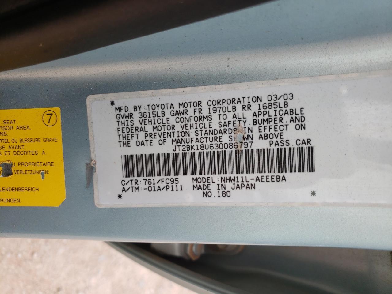 Photo 10 from auction – 2003 TOYOTA PRIUS with VIN JT2BK18U630086797