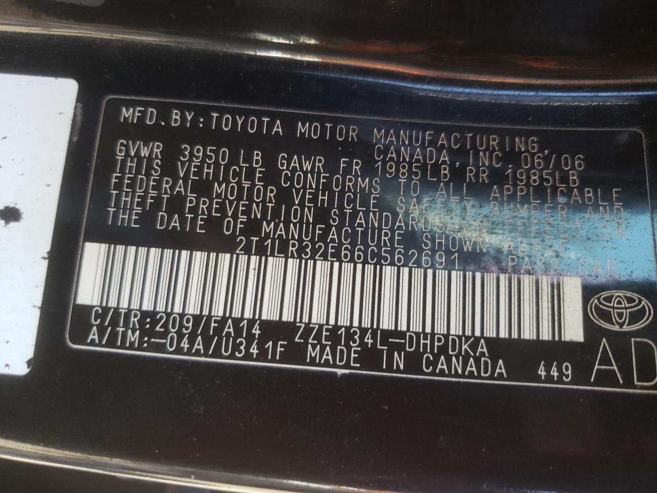 Photo 10 from auction – 2006 TOYOTA COROLLA MA with VIN 2T1LR32E66C562691