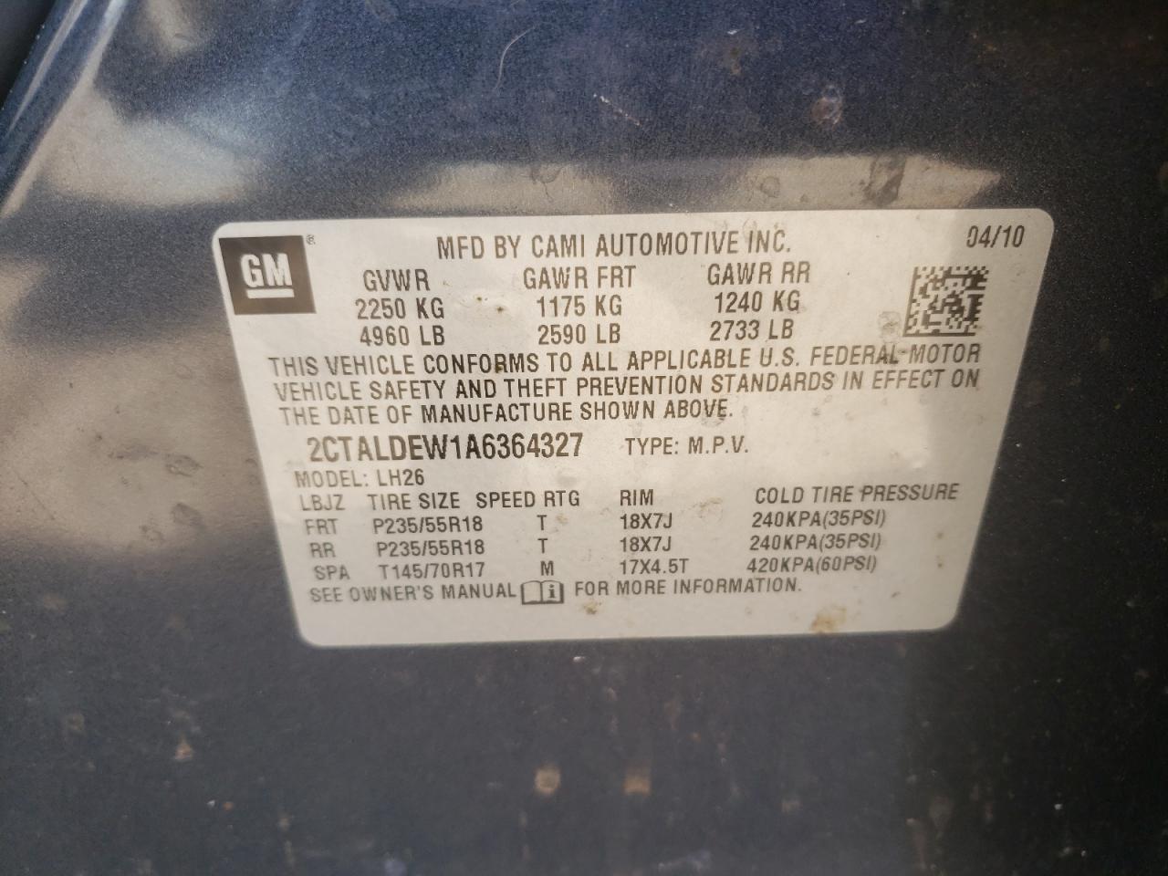 Photo 10 from auction – 2010 GMC TERRAIN SL with VIN 2CTALDEW1A6364327