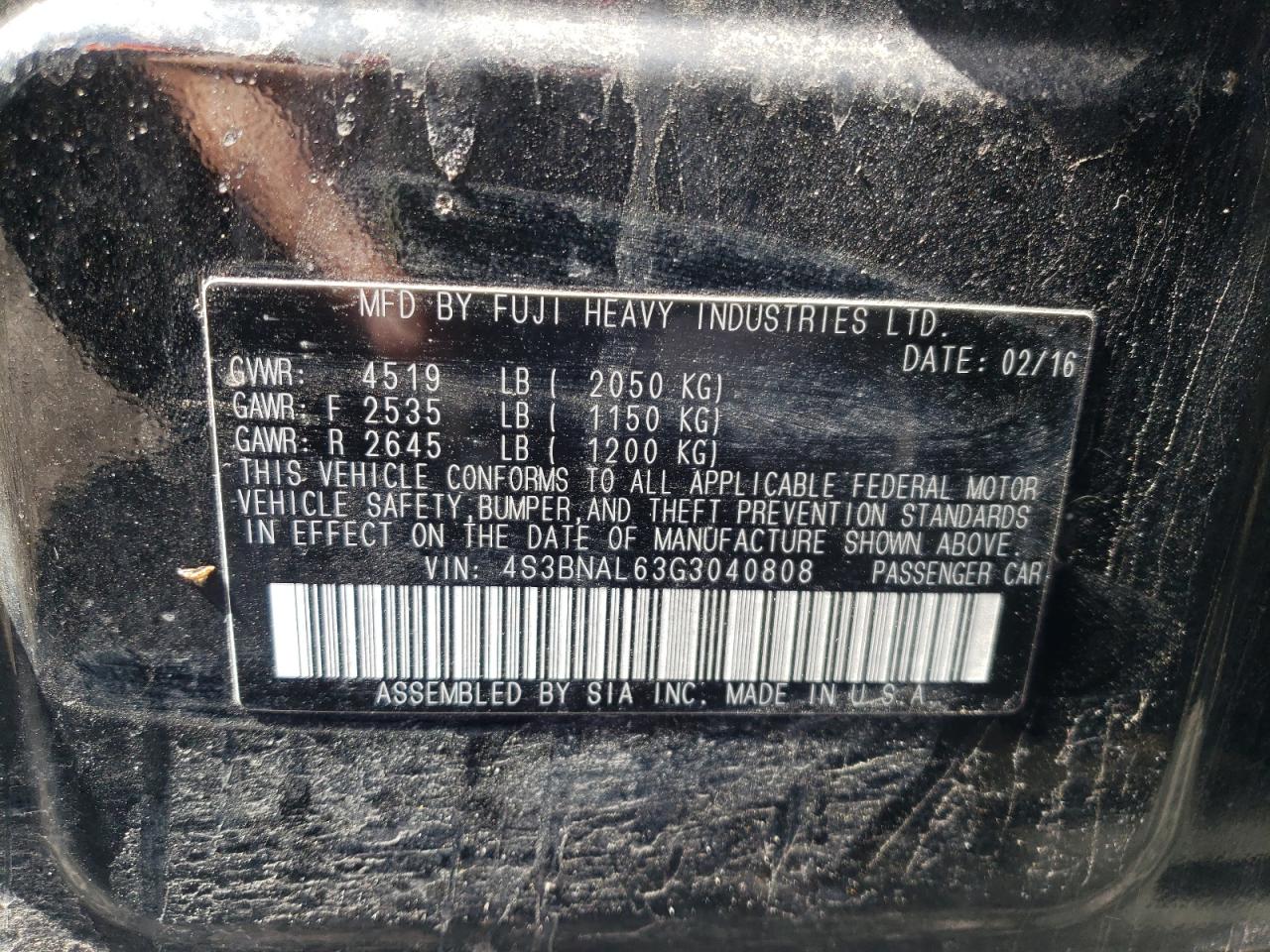 Photo 10 from auction – 2016 SUBARU LEGACY 2.5 with VIN 4S3BNAL63G3040808