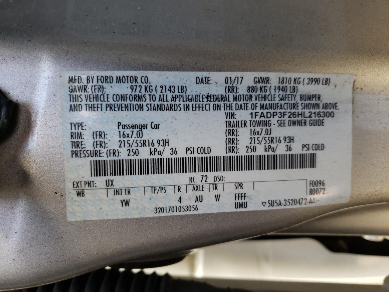 Photo 10 from auction – 2017 FORD FOCUS SE with VIN 1FADP3F26HL216300