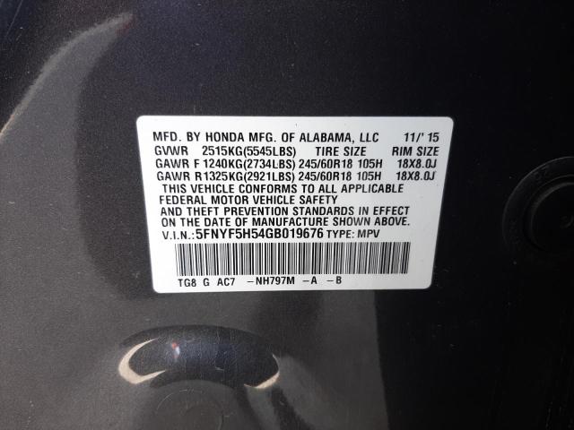 Photo 10 from auction – 2016 HONDA PILOT EXL with VIN 5FNYF5H54GB019676