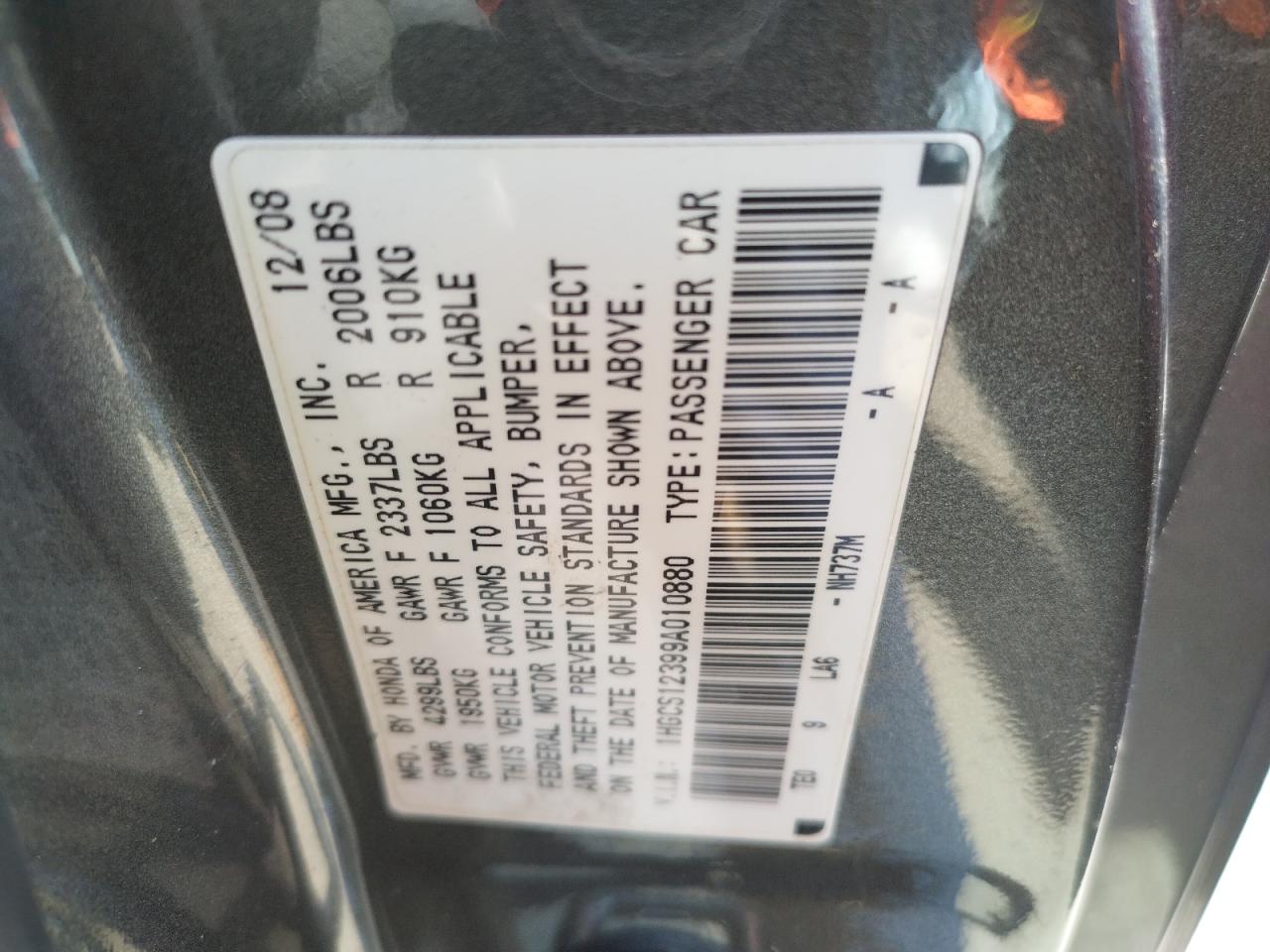 Photo 10 from auction – 2009 HONDA ACCORD with VIN 1HGCS12399A010880