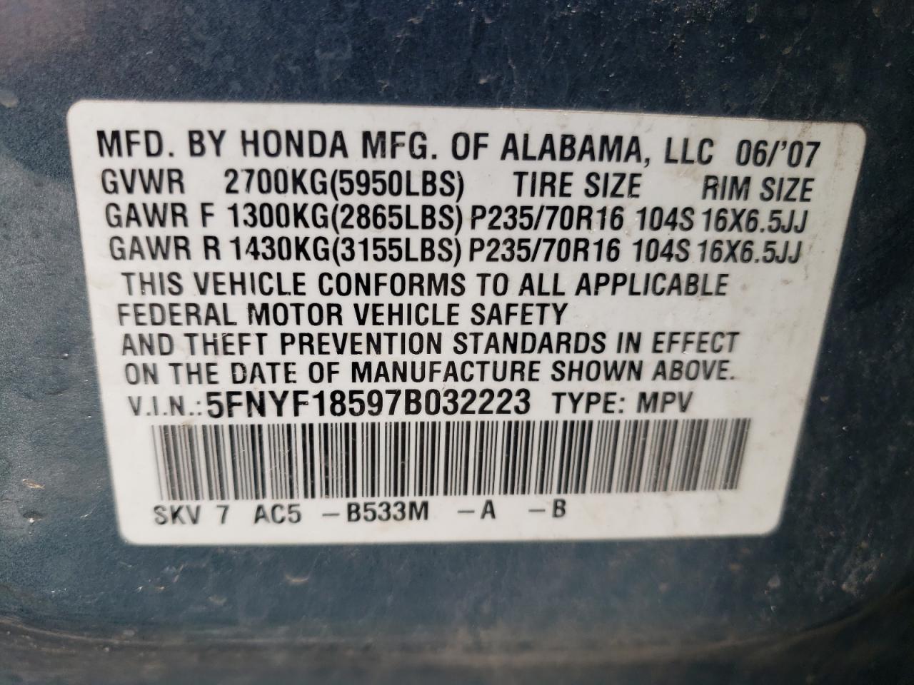 Photo 10 from auction – 2007 HONDA PILOT EXL with VIN 5FNYF18597B032223
